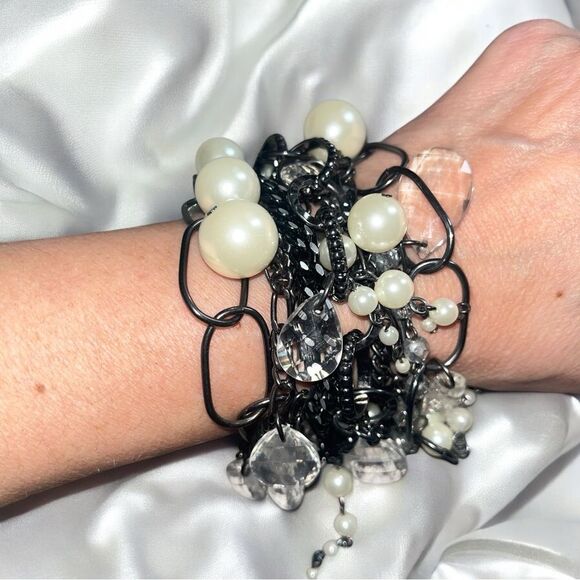 RJ GRAZIANO 10 Strand Charm Bracelet Faux Pearl, Rhinestone, Chain etc. - Picture 1 of 4